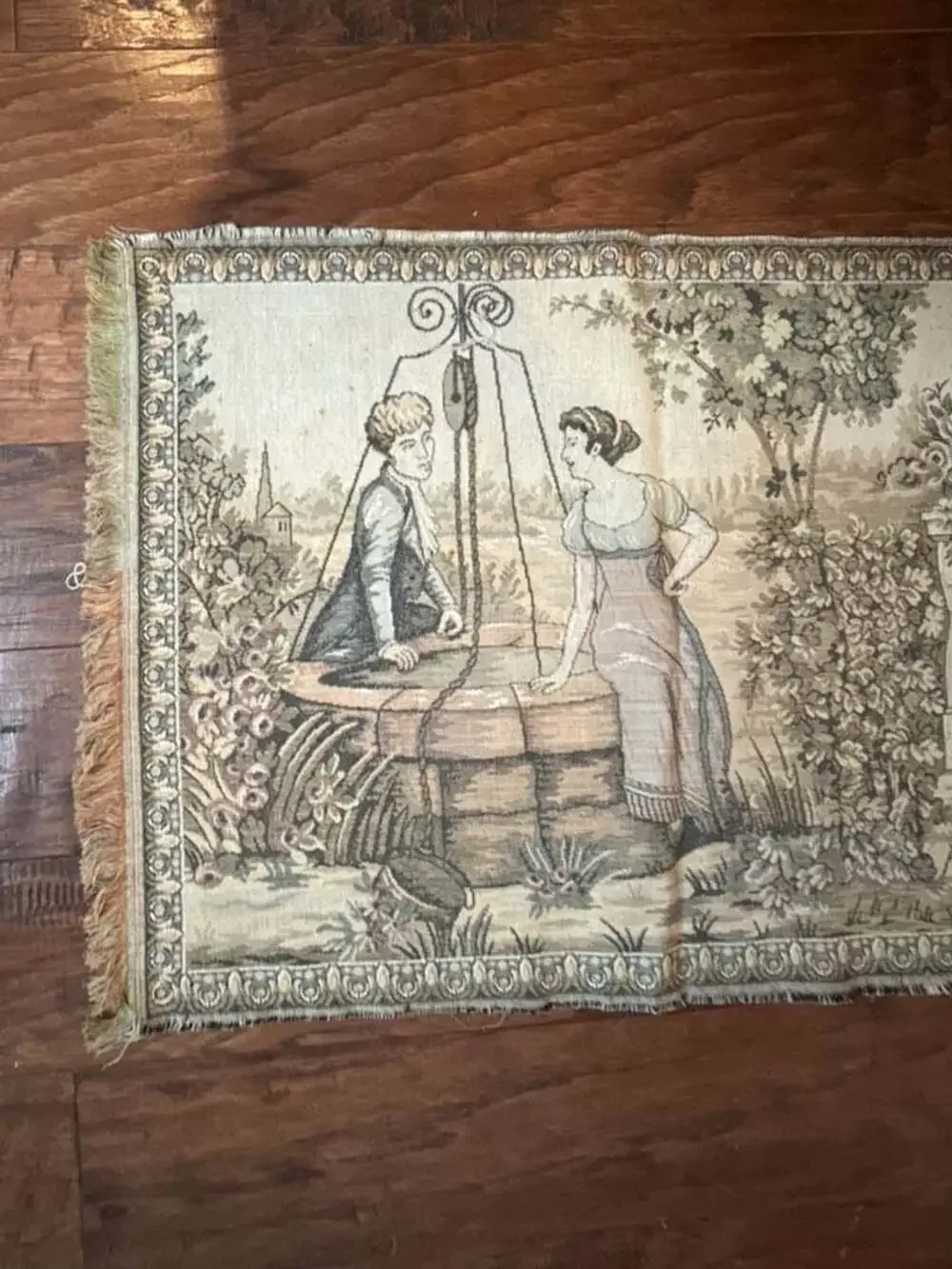 Vintage Woven French Courting Scene Tapestry Table Runner Wall Hanging